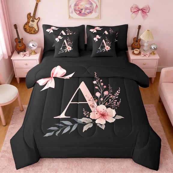 Erosebridal Black Pink Letter A Floral Bow Print Twin Bedding Sets, Monogram Style Bedding Comforter Set for Girls, Black Reversible 7pcs