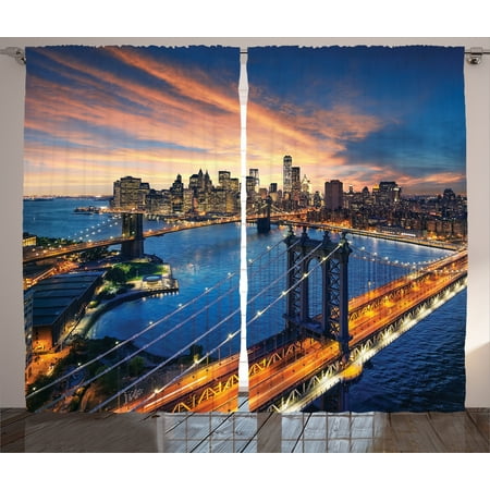 Apartment Decor Curtains 2 Panels Set, American City Sunset Over Manhattan and Brooklyn Bridge Cityscape Print, Window Drapes for Living Room Bedroom, 108W X 84L Inches, Gold Navy, by