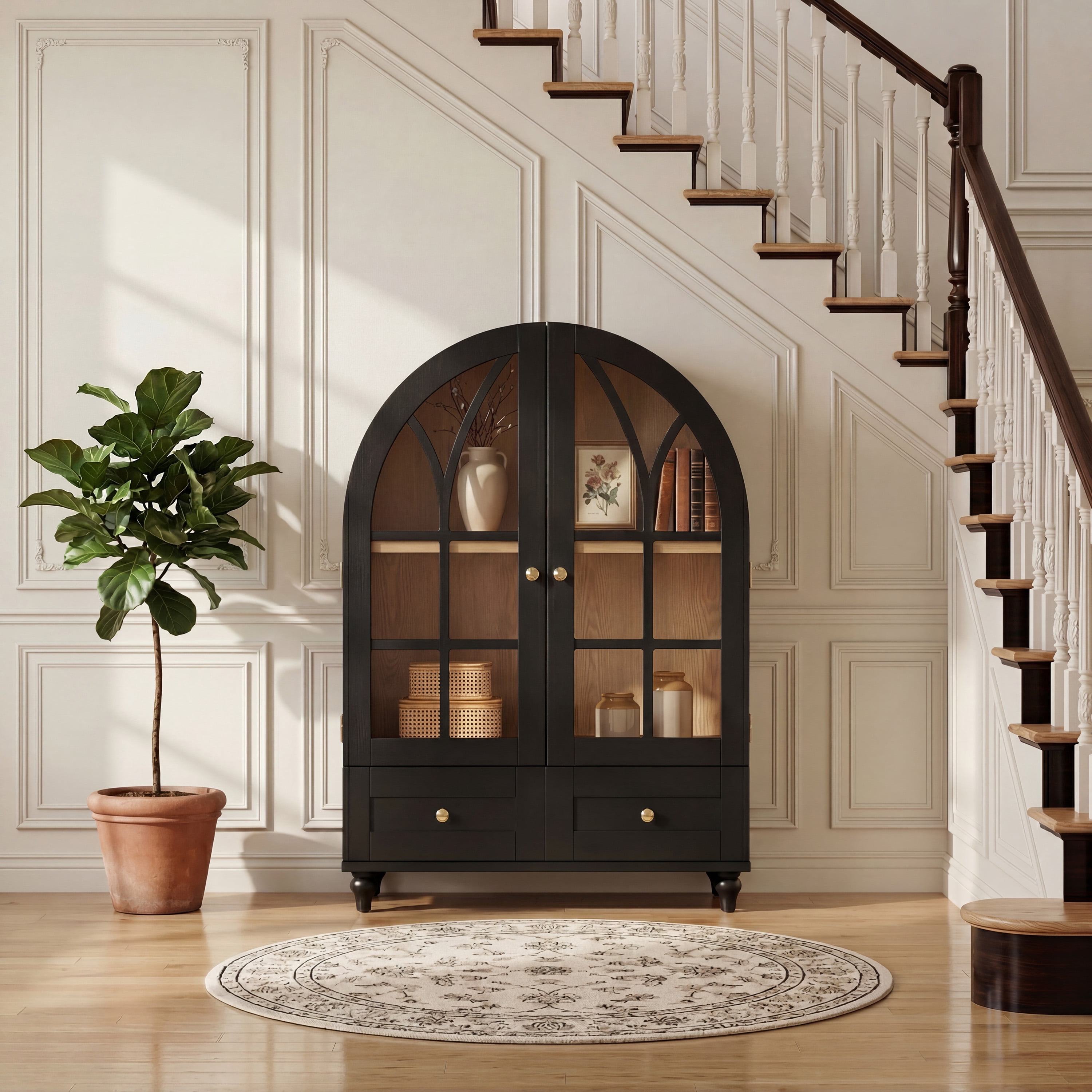 Display Cabinet with Arched Design and Tempered Glass Doors, Wood Curio Cabinet and Storage Stand with Drawer for Living Room Dining Room Office, Black