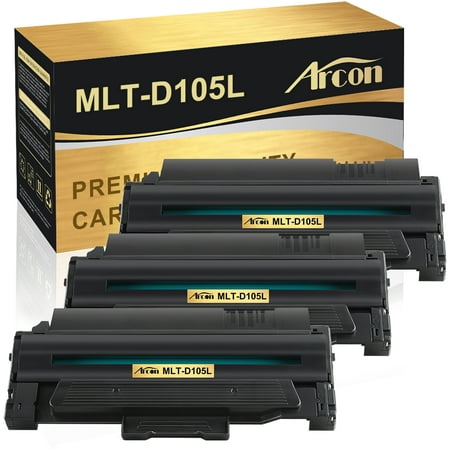Arcon 3-Pack Compatible Toner Replacement for Samsung MLT-D105L ML-1910 2525 2545 2525W 2526 2580N 2581N 2540R (Black) Arcon Compatible Toner Cartridges offer great printing quality and reliable performance for professional printing. It keeps low printing cost while maintaining high productivity. Also they are resilient and designed to last for an extended period of time  even after frequent and extensive printing workload. Brand: Arcon Compatible Toner Cartridge Replacement for: Samsung MLT-D105L Compatible Toner Cartridge Replacement for Printer: Samsung ML-1910 1911 1915 2525 2545 2525W 2526 2580N 2581N 2540R  SCX-4600 4601 4623F 4623FW  SF-650 650P 651P Pack of Items: 3-Pack Ink Color: Black Cartridge Approx.Weight (Per Pack): 2.03 Pounds Cartridge Dimensions (Per Pack): 12.61 x 13.99 x 13.59 Inches Package Including: 3-Pack Toner Cartridge