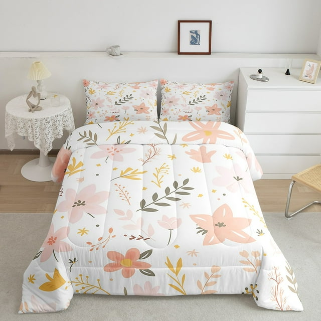 YST Ensemble de Douillette Fleurs de Cerisier Simple pour Filles Femmes Ensemble de Literie Fleur Rose, Courtepointe Chic Florale Douillette Thème Botanique Couette Matelassée Blanc Rose Décoration de Chambre 2 Pcs