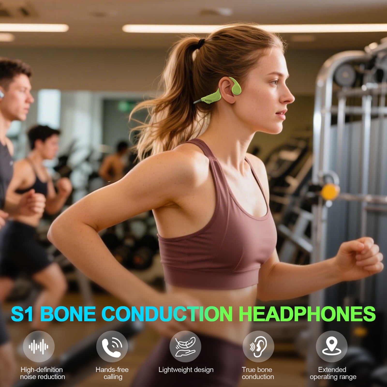 Aveek Bone Conduction Earphones, Open-Ear Wireless Headphones, Bluetooth 5.4 with Microphone, 10H Battery for Running,Cycling,Outdoors,Green