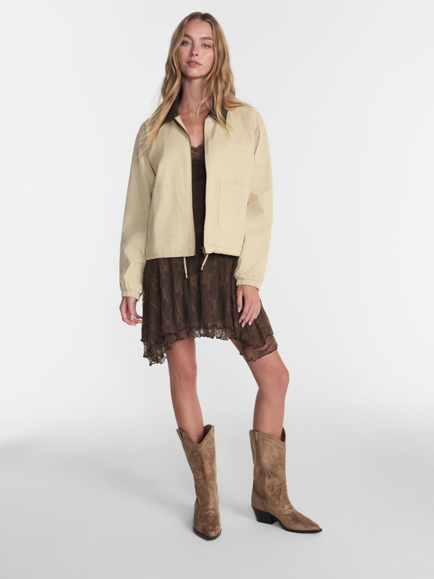 No Boundaries Cotton Twill Barn Jacket with Faux Leather Collar, Women's XXS-4X