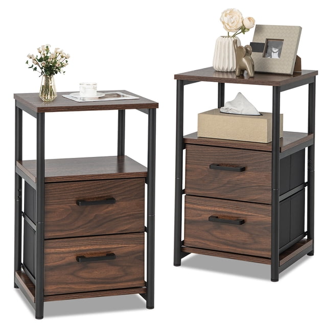 Gymax Table de Chevet 2 Pcs Table d'Appoint de Chevet avec 2 Tiroirs en Tissu et Tablette de Rangement