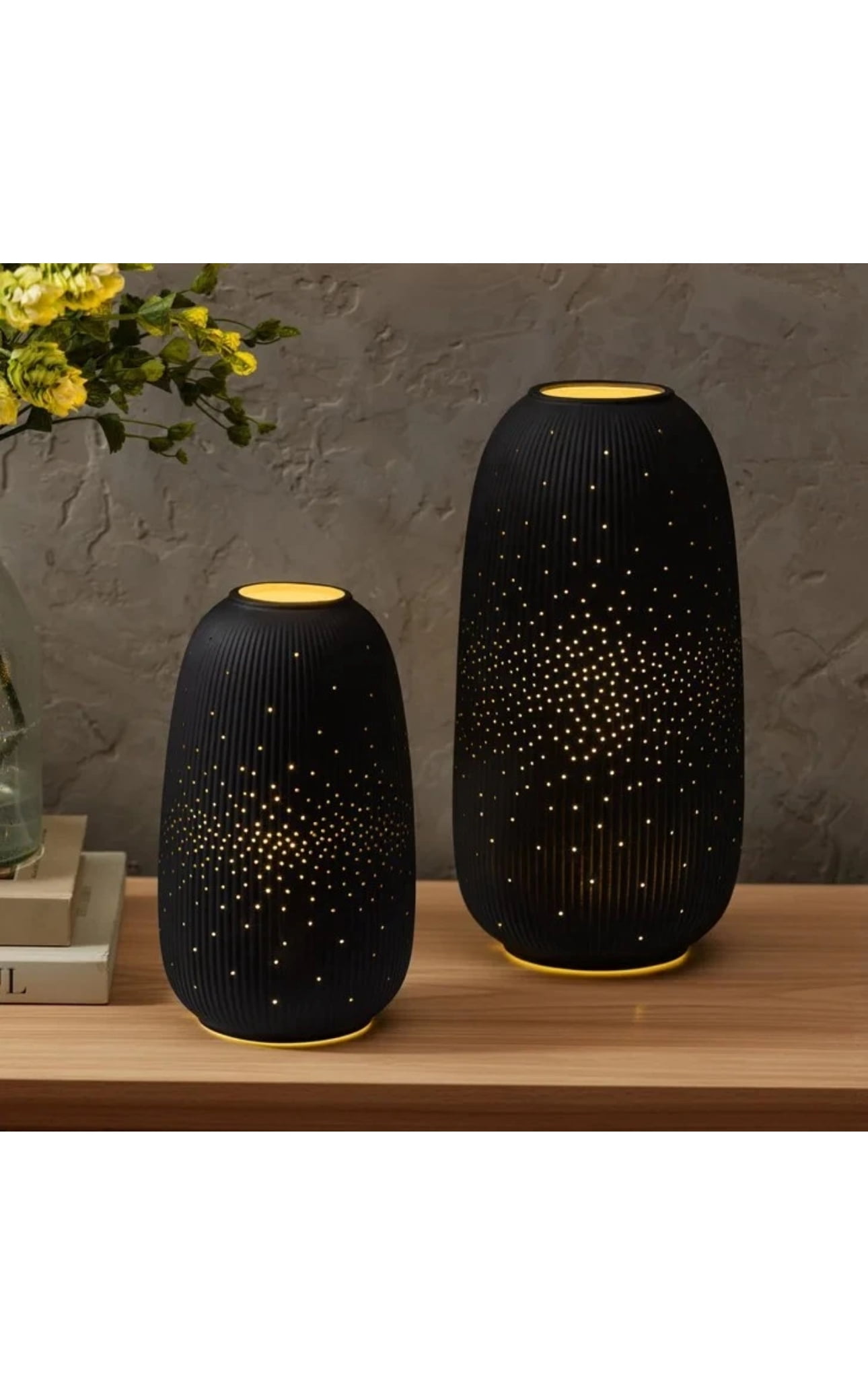 Evergreen LED Porcelain Lanterns, Set of 2, Decorative Ceramic Lanterns with Warm White LED Lighting