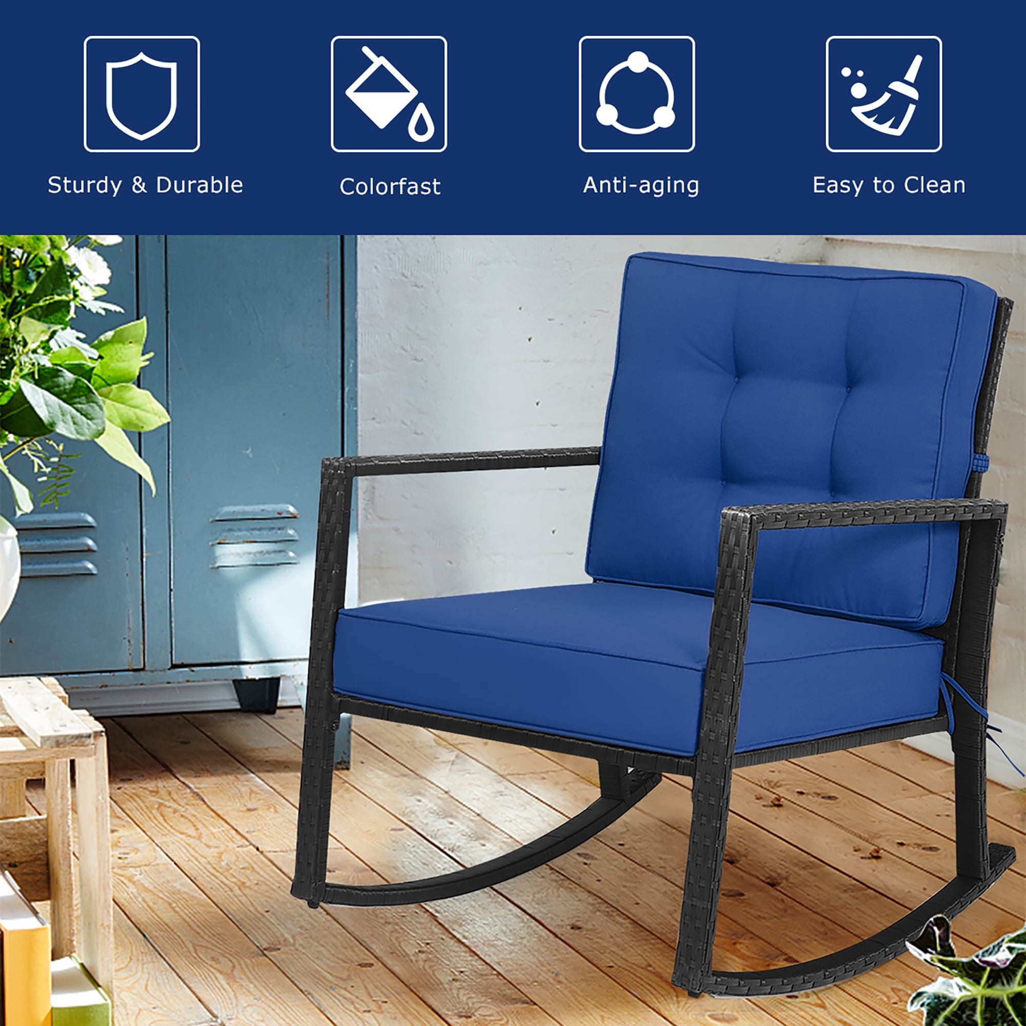 Costway Patio Rattan Rocker Chair Outdoor Glider Rocking Chair Cushion Lawn Navy