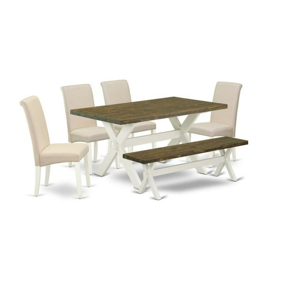 East West Furniture X-Style 6-piece Wood Dining Table Set in Linen White/Cream