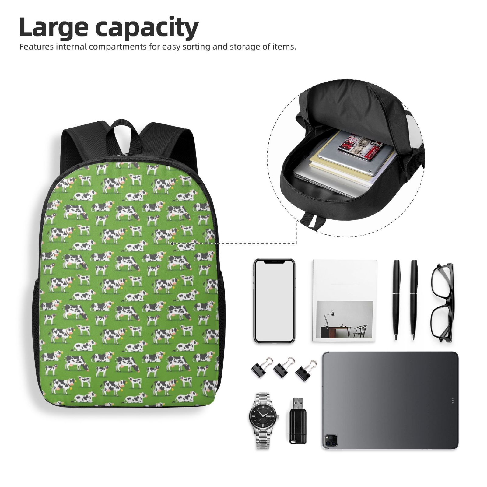 Xecao Cows With Calfs Green print Travel Backpack, Large Computer Backpack for Men Women, College School Rucksack Book Bag