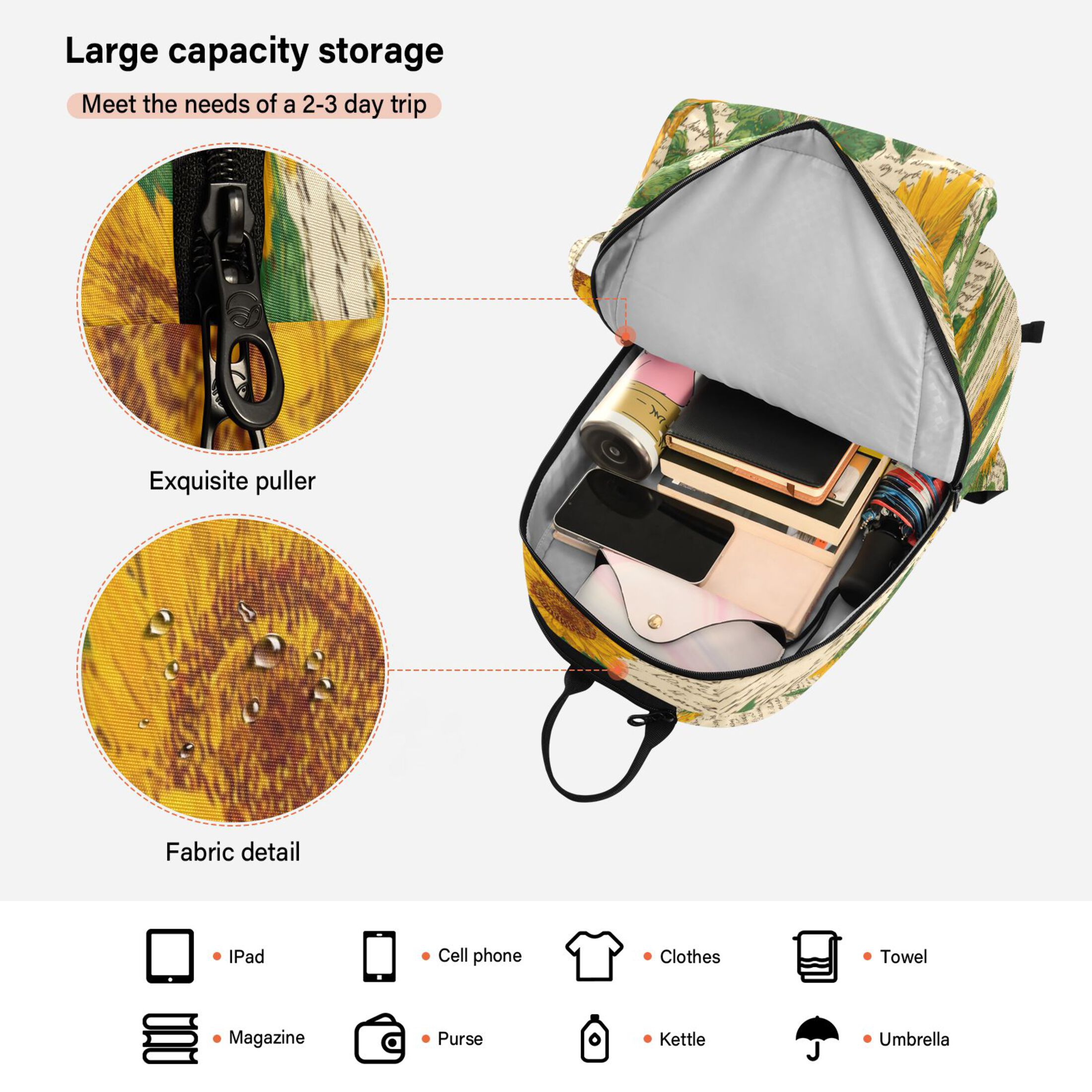 2 Racquet Holder Tennis Backpack Tennis Racket Covers Gym Bags Retro-chic Sunflowers