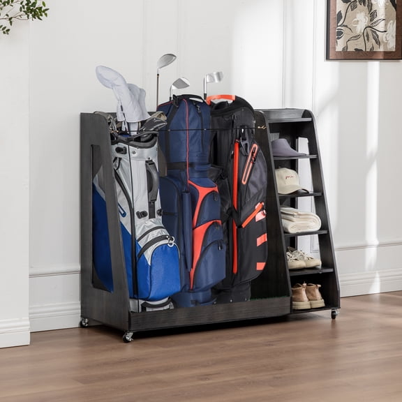 LZBEITEM Golf Bag Organizer Rack with Wheels - Triple Bag Storage Stand Ideal for Garage, Clubs, and Home, Gray
