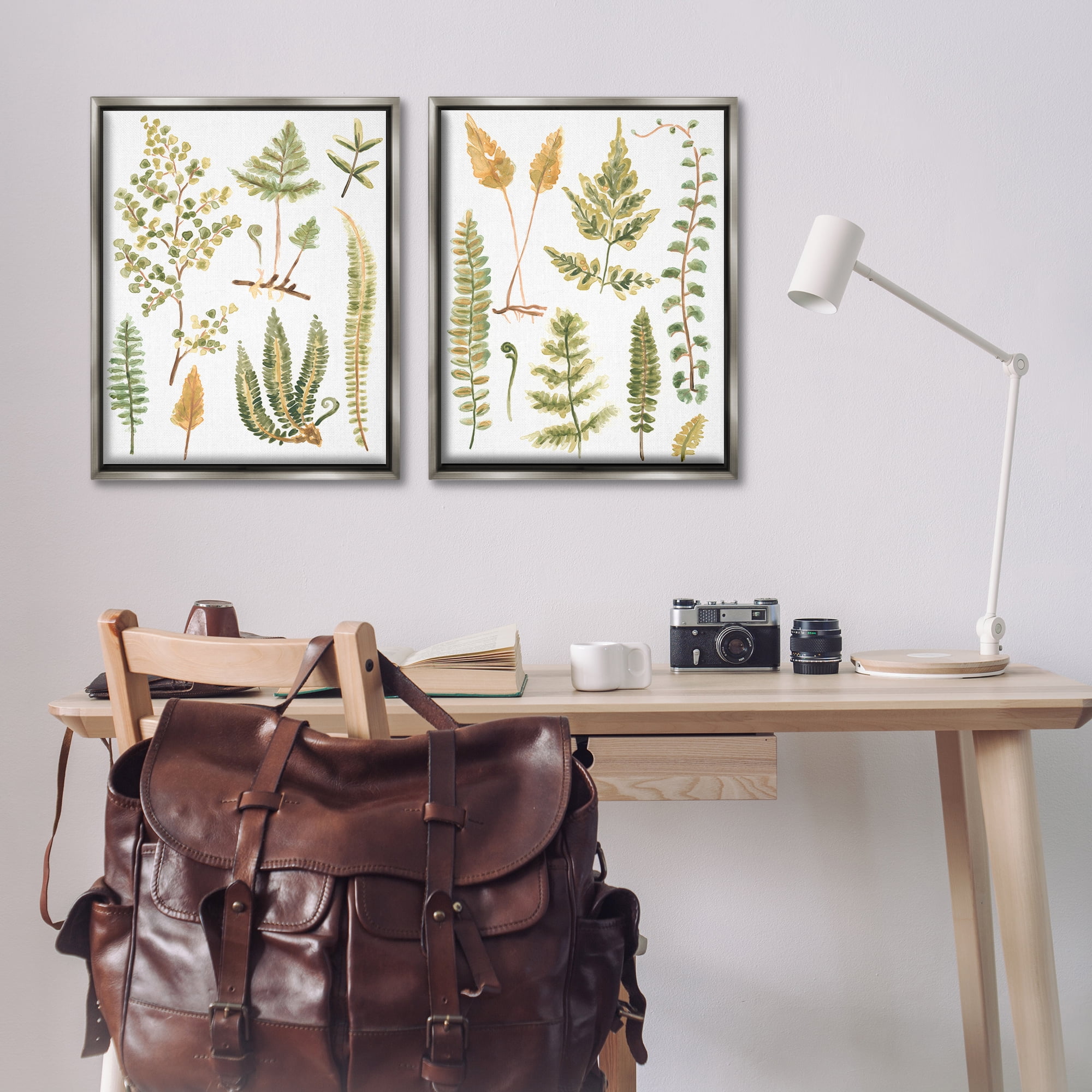 Stupell Industries Watercolor Fern Leaves Plants & Flowers Painting Gray Floater Framed Canvas Art Print Wall Art, 31 x 25, Set of 2
