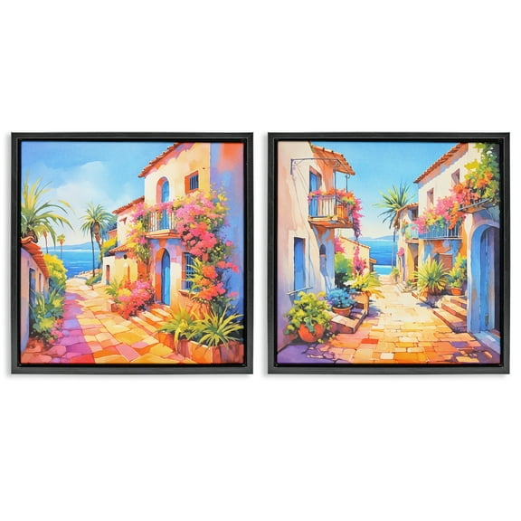 Stupell Industries Mediterranean Summer Island Vista Buildings & Architecture Painting Black Floater Framed Canvas Art Print Wall Art, 18 x 18, Set of 2
