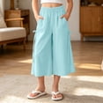 thumbnail image 2 of VBEWZET Girls Ice Silk Wide Leg Culottes, Elastic Waist Flowy Capri Pants Elastic Waist Casual Summer Trousers for Kids & 5-15 Years Green 10-11 Years, 2 of 6