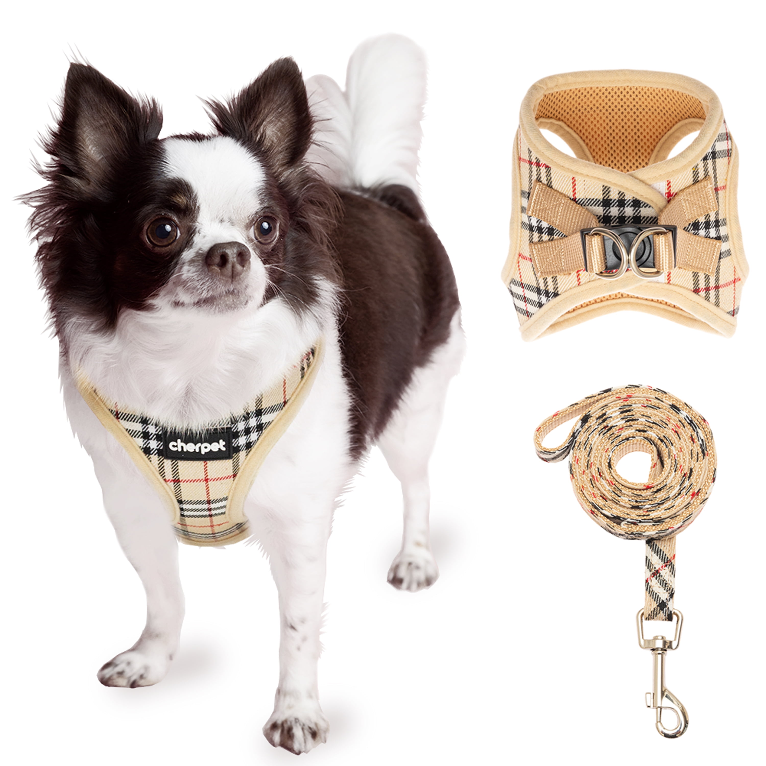 Puppy Harness and Leash Set Plaid Cute Adjustable Small Dog Fulll