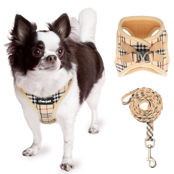 CHERPET Puppy Vest Harness and Leash Set - Plaid Cute Adjustable Small Dog Fulll Body Vest Escape Proof Safety