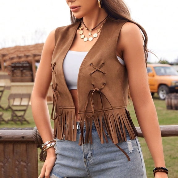 Vmvidoty Women's Boho Fringe Vest Western Suede Sleeveless Jacket for Festival Cowgirl Outfit 70s Retro Style Layering Vest Brown 2XL