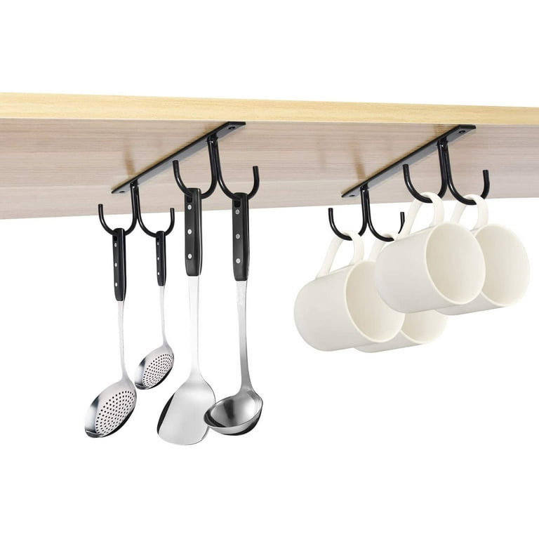 Chainplus Coffee Cups Rack Under Shelf Mug Holder Rack Under Cabinet 2 Packs with 8 Hanging Hooks for Mugs Kitchen Utensils Display Black