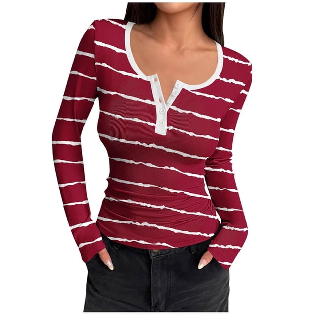 VgaVtl T-Shirts à Manches Longues pour Femmes Automne Hiver Hauts pour Femme Ajustés Décontractés à Rayures Superposition Entraînement Chemises Rouges,TG
