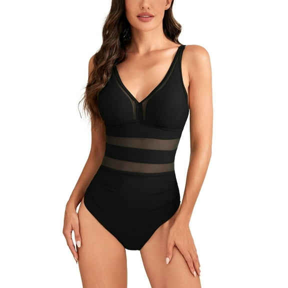 SWSMCLT Women's Adjustable Bathing Suit Brief Cami Casual Curvy One Piece Swimsuit Spring Break Beach Deep V Neck Black 2-4