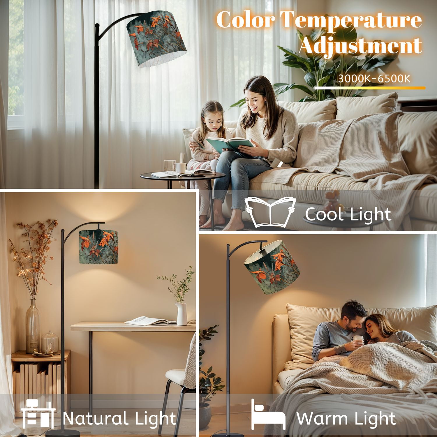 Arc Floor Lamp with Adjustable Lampshade Mystical Flower Cascading Blooms Curled Tendrils Standing Lamp 3 Color Temperatures Dimmable Tall Pole Lamp with Foot Switch for Bedroom