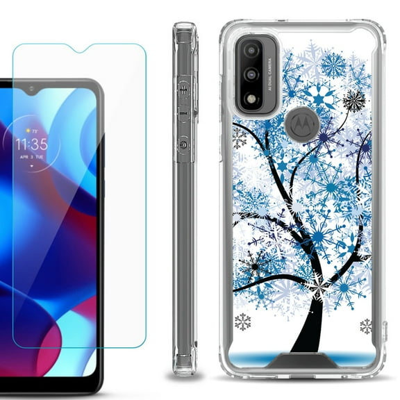 Shockproof Bumper Phone Case for Motorola Moto G Pure, with Tempered Glass Screen Protector, by OneToughShield ® - Snowflakes Tree