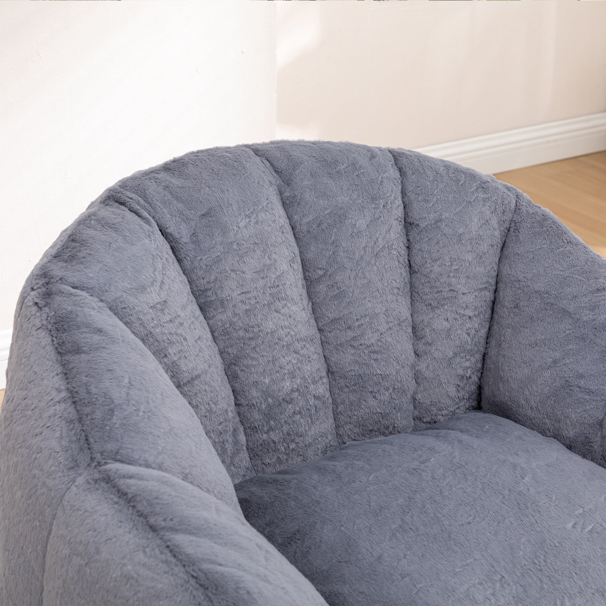 PAPROOS Oversized Bean Bag Chair for Adults, Gray Faux Fur Memory Foam Bean Bag Sofa, Pre-Filled Comfy Lazy Sofa Chair with Removable Cover for Living Room Bedroom Dorm