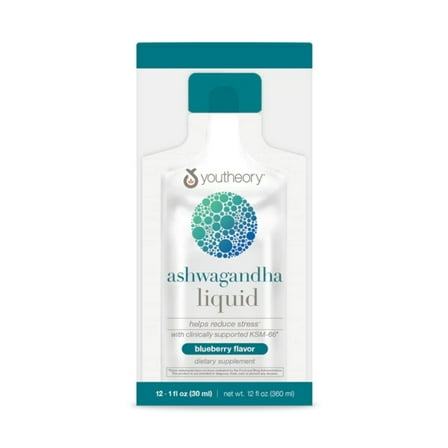 Youtheory Ashwagandha Liquid Blueberry Flavor, Help Reduce Stress, 12 Single Serving Packets