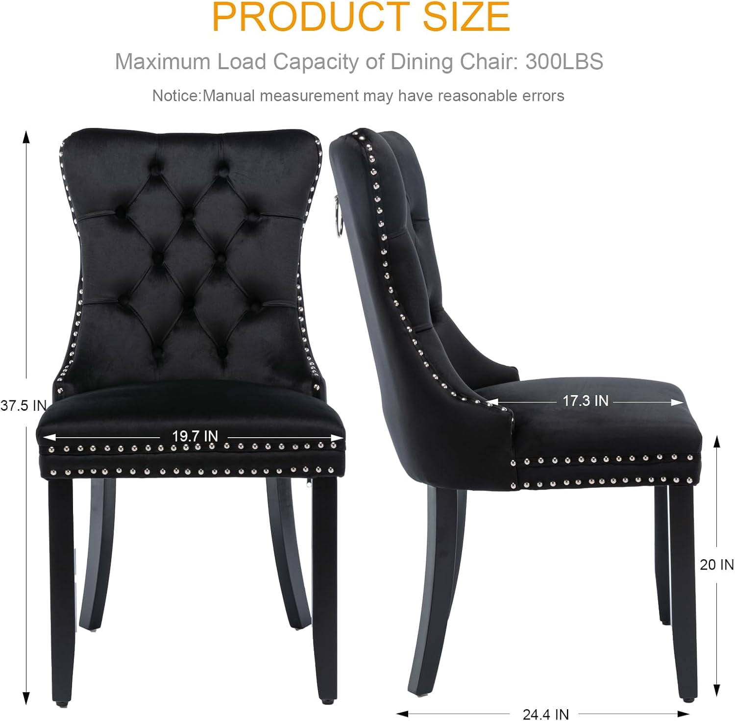 MOONMISS Dining Chairs 2-Pcs Set, High-end Velvet Upholstered Accent Chairs Button Tufted Dining Chairs with Back Ring Pull and Nailhead Trim,Black