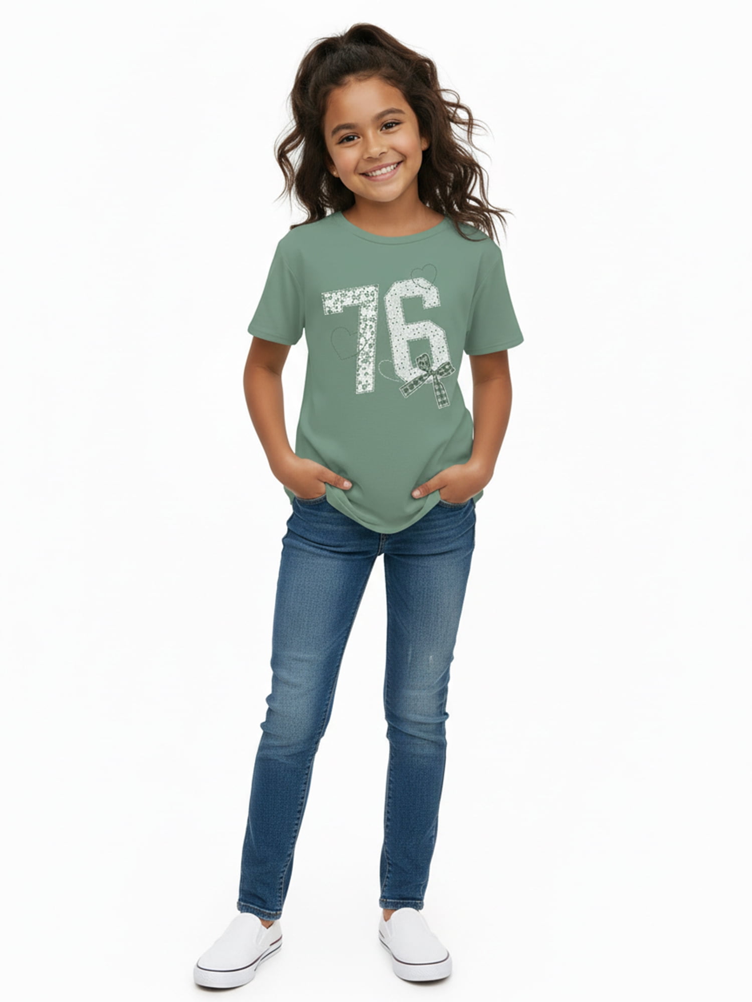 Wonder Nation Girls Faux Applique 76 Graphic Tee with Short Sleeves, Sizes 4-18