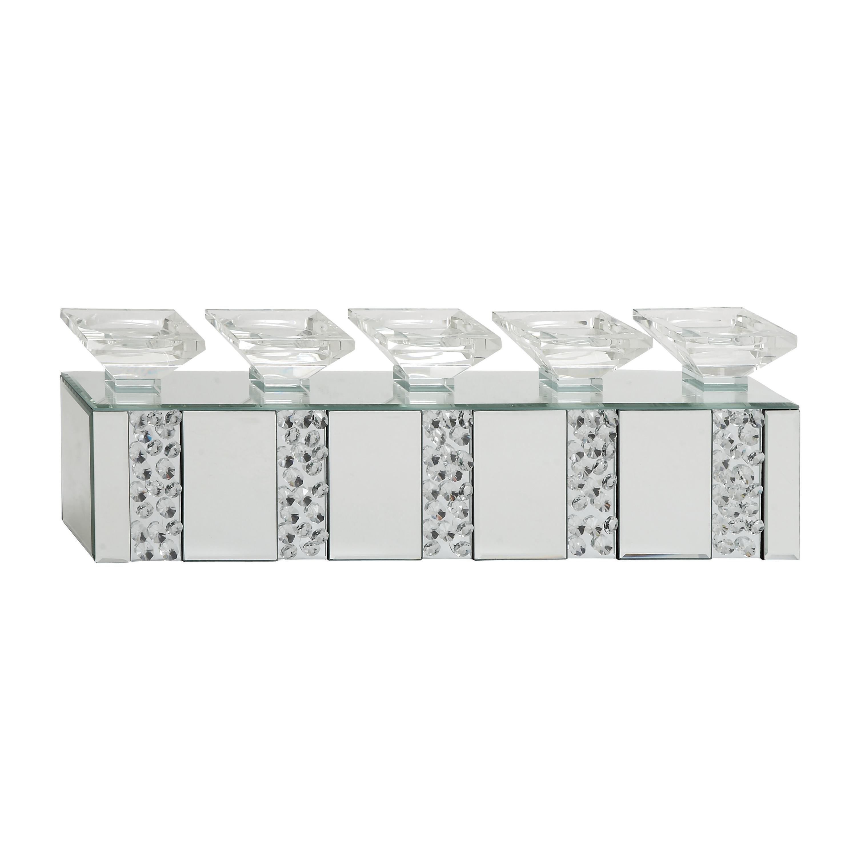 DecMode 5 Holder Silver Glass Pillar Candelabra with Mirrored Accents and Crystals