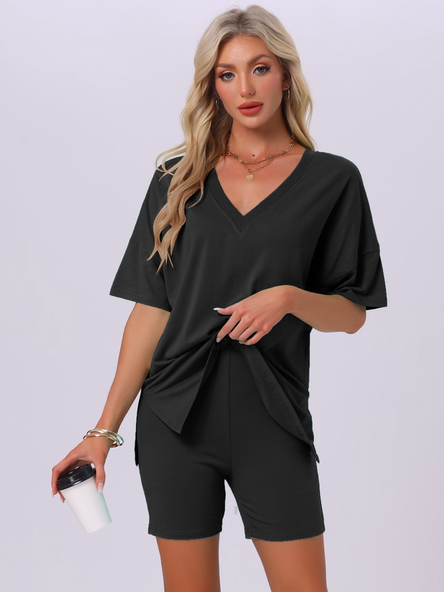 DARING DIVA Pajamas V Neck Workout Reversible Tracksuit Shorts Set S Black