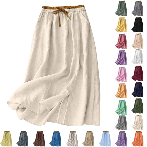 Zpzdpjkx Women's Summer Vintage Cotton Linen Midi Skirt Loose Elastic Waist Pleated Flowing Long Skirt