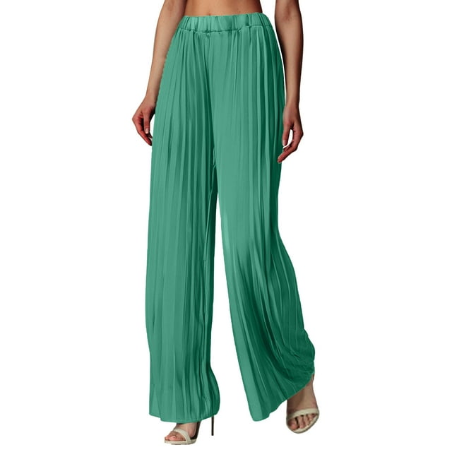 Pantalones palazzo de cintura alta y pierna ancha para mujer: plisados, fluidos, cintura elástica, poliéster, estilo informal de negocios, tallas S-XXL