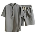 thumbnail image 2 of DDAPJ pyju Men's Linen Shirt and Shorts Set Short Sleeve Collared T-shirt Drawstring Shorts 2 Pieces Beach Outfits Basic Solid Matching Lounge Sets Gray XL, 2 of 5