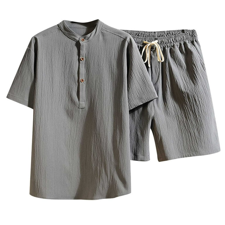 skapbo Men 2 Pieces Linen Short Sleeve Sets Summer Beach Outfits
