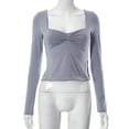 thumbnail image 3 of Lenpel Women's Crop Tops Long Sleeve Square Neck Ruched Side Split Slim T-Shirts Cropped Tee Blouses Going out Tops(Gray,Medium), 3 of 5