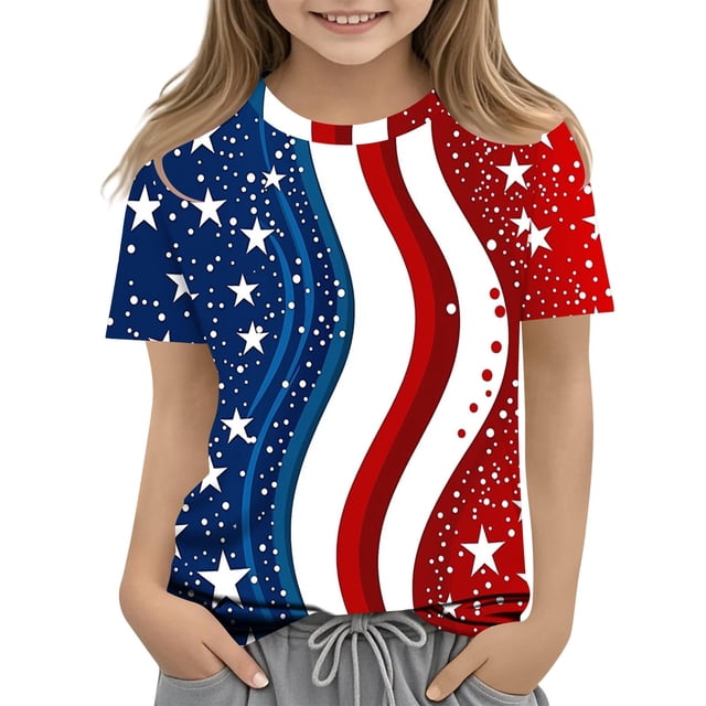 T-Shirt de la Fête de l'Indépendance pour Enfants Garçons Filles, Manches Courtes, Col Rond, Haut Décontracté Ample, T-Shirt Graphique Imprimé pour Enfants 3-14 Ans