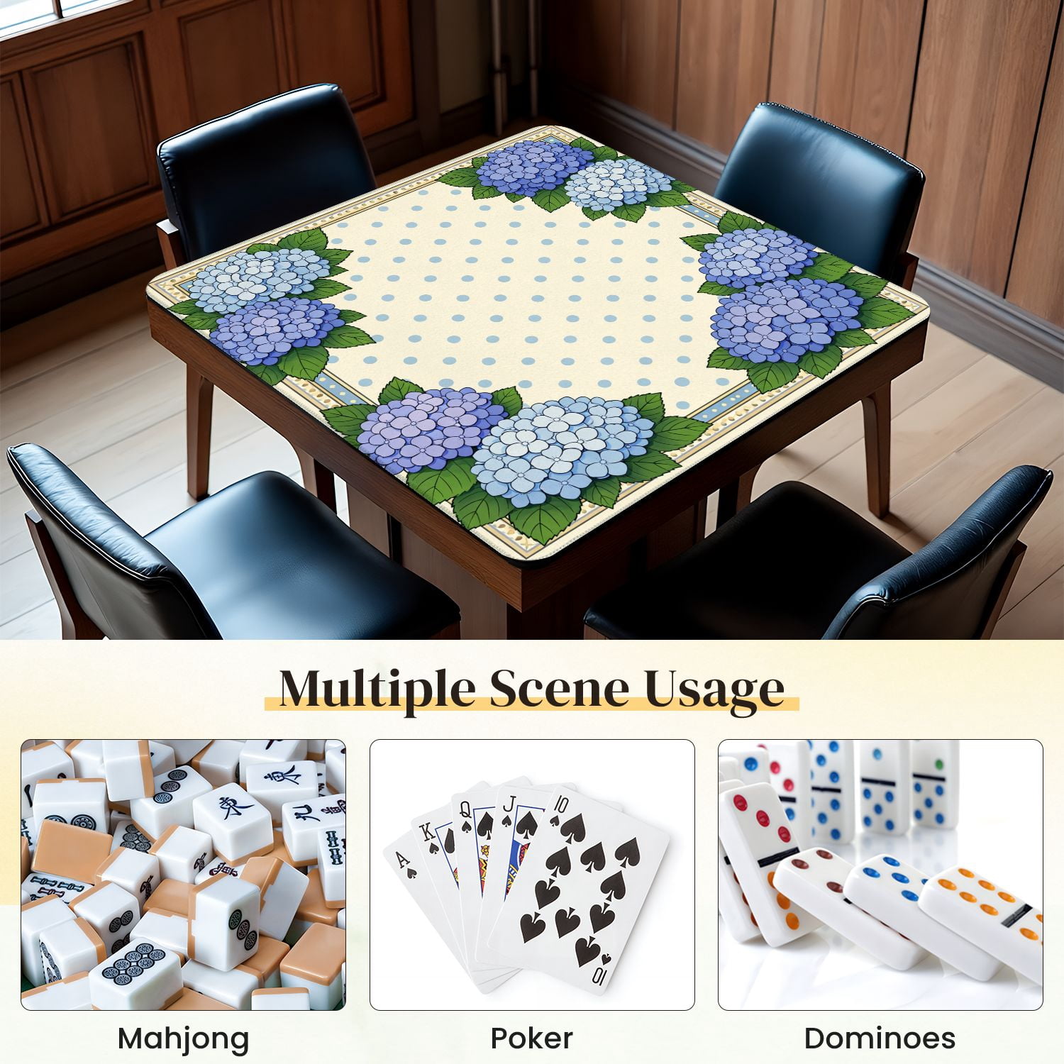 Mahjong Mat 31.5" x 31.5" Blue Hydrangea Floral Green Leaves Dotted Non-Slip Noise Reduction Mahjong Tiles Table Cover for Dominoes Poker Card Board and Tile Games
