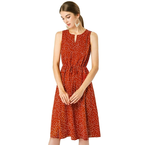Vestido midi Allegra K sin mangas cuello dividido cintura con cordón estampado Rojo XS