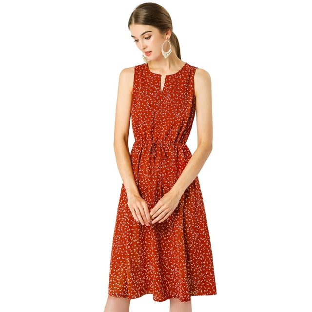 Vestido midi Allegra K sin mangas cuello dividido cintura con cordón estampado Rojo XS