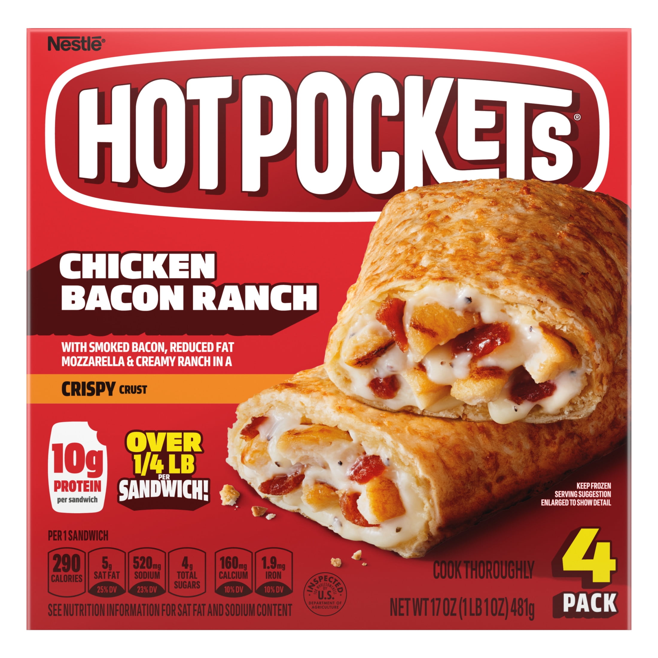 Hot Pockets Chicken Bacon Ranch, Snacks, Air Fryer Snacks, 10g Protein, 17 oz, 4 Pack (Frozen)