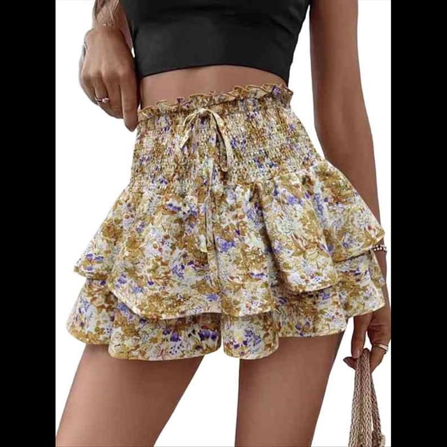 Mini Shorts con Volantes y Cintura Alta para Mujer Bonitos Shorts Cortos Escalonados con Shorts Debajo Camello S
