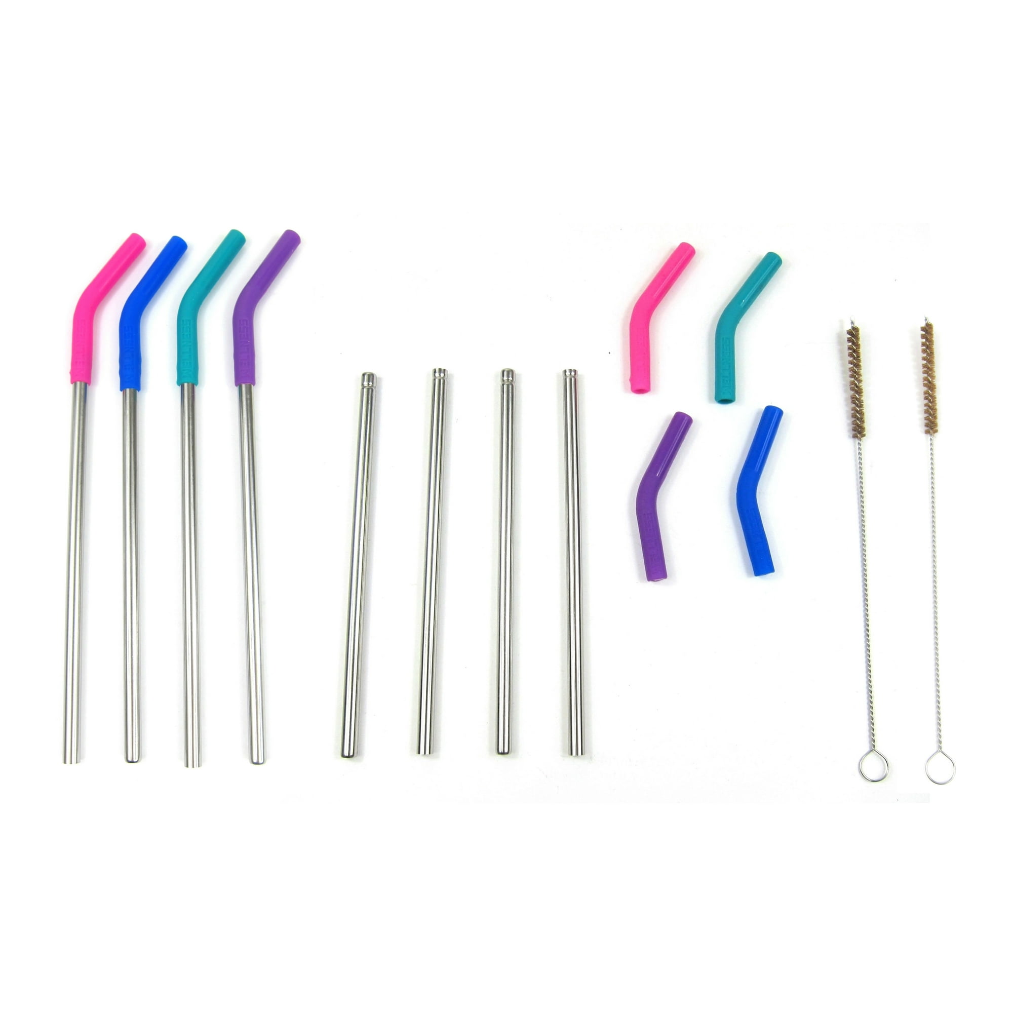 Set of Stainless Steel Metal Reusable Straws Silicone Tips Cleaning Brush 10.5"