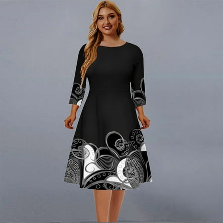 

WHLBF Womens Clearance Skirt Large Patchwork Dress Hip Wrap Long Sleeve Casual Swing Longuette Dress Black 12(XXXL)