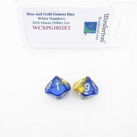 Blue and Gold Gemini Dice with White Numbers D10 Aprox 16mm (5/8in) Pack of 2 Wondertrail