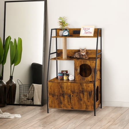 BROWN Cat Washroom Unit - BROWN-Colored Enclosure Litter Box Cabinet with Scratching Column & Device Charger