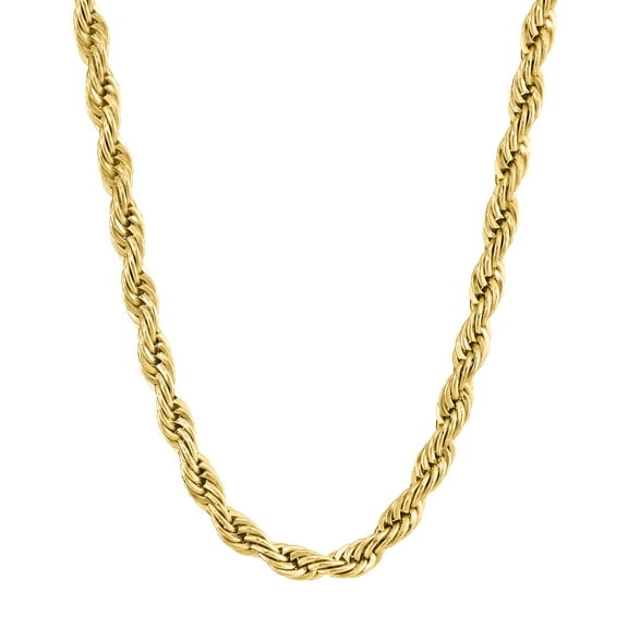 Metro Jewelry Stainless Steel Rope Chain Necklace for Men with Whole Yellow Gold Ion Plating 4 MM 30 Inch Long with Lobster Claw