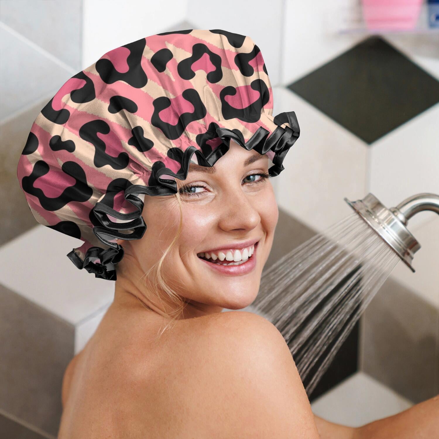 Shower Caps,Pink and Black Of Leopard Print Waterproof Shower Cap for Women 4 Pieces,Double Reusable Hair Cover for Shower PEVA Elastic Stretch Hem