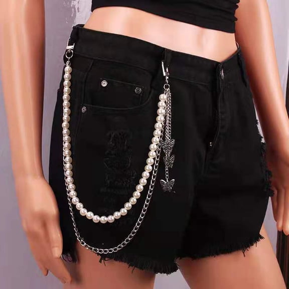 AOOOWER Pearl for Butterfly Side Chain On Jeans Pants Handbag for E Girl Boy Layered Body Chain Trousers Street Clothing Accesso