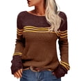 thumbnail image 2 of PEASKJP Women Autumn Winter Colorblock Pullover Sweaters Round Neck Striped Slim Fitting Knitwear Tops(Coffee,M), 2 of 6